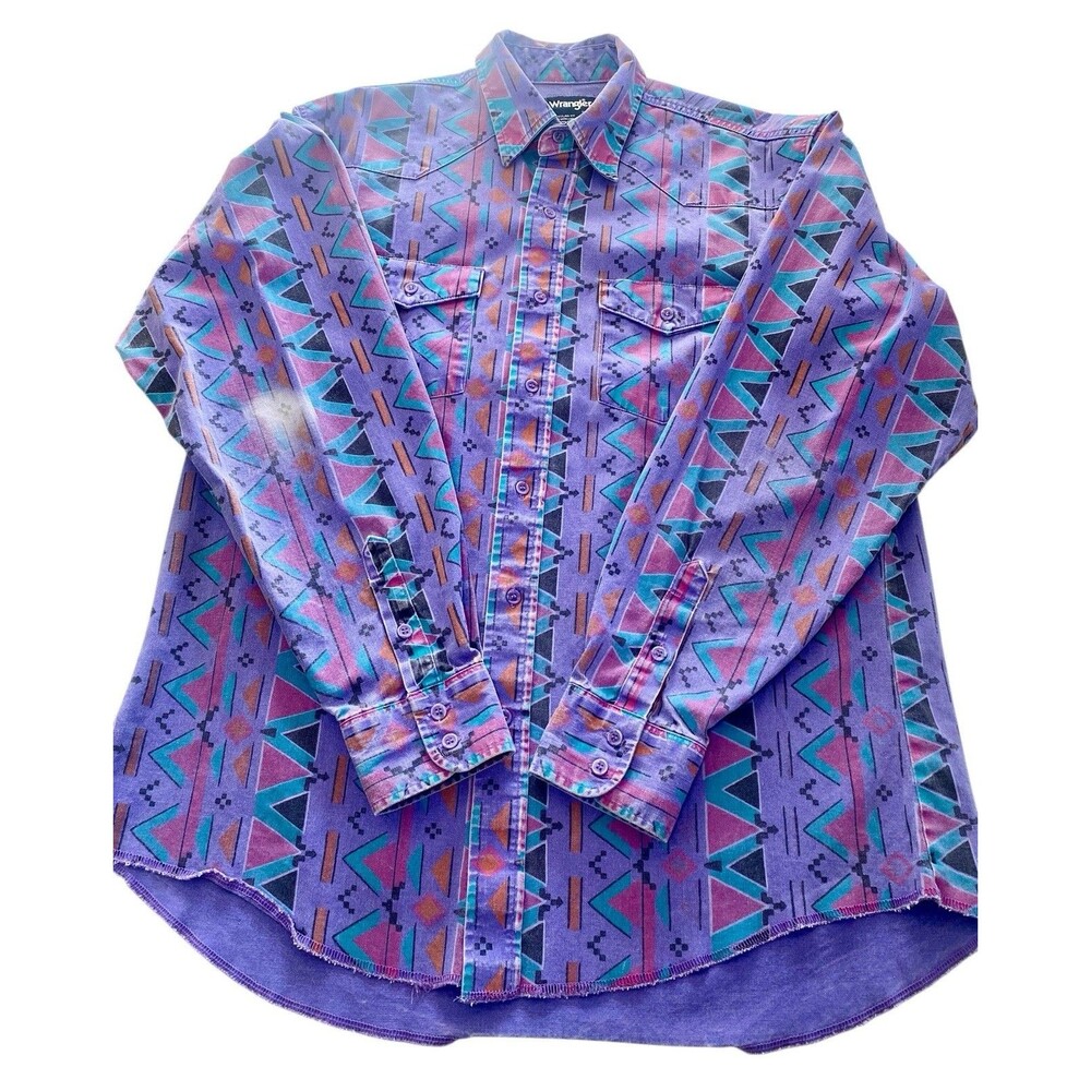 Wrangler BrushPopper Mens Shirt 17 x 36 VTG Purple Stripe Cowboy Ranch Western - Picture 2 of 7
